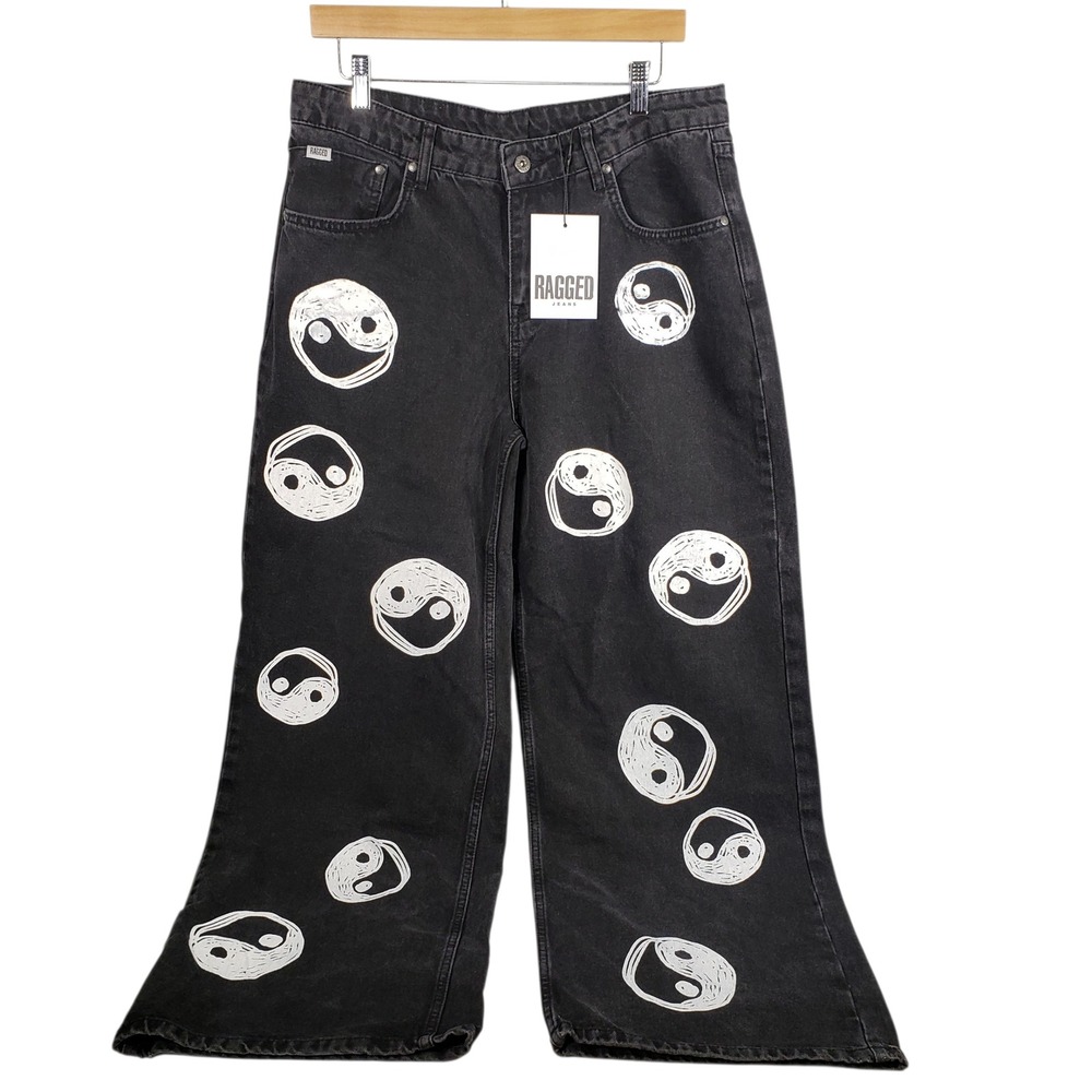 Ragged Jeans Black Denim Wide Leg Yin‎ Yang Pants Men's Fashion